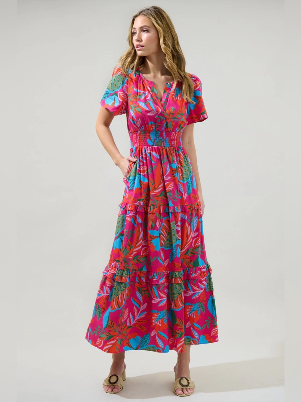 Sugarlips Cactus Blossom Palmer Poplin Tiered Maxi Dress